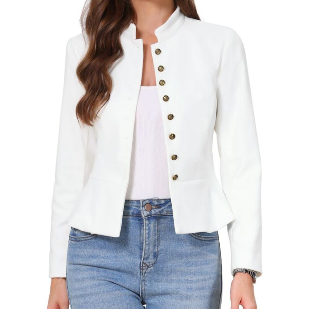 Women Business Casual Cropped Blazer Fitted Suit Jacket Cream White